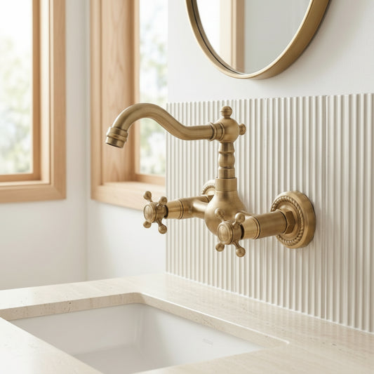 Lagomel wall-mount bathroom faucet in antique brass, set in a Traditional/Classic/Vintage/Retro bathroom