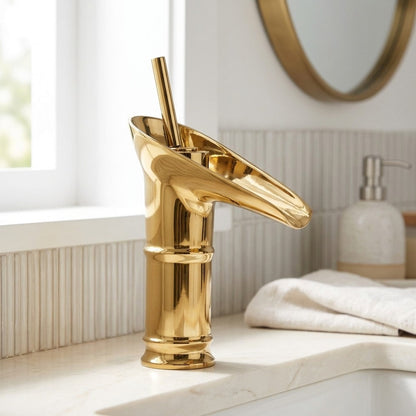 Lagomel waterfall single-hole bathroom faucet, set in a Modern/Minimalist bathroom