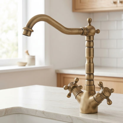 Lagomel single-hole two-handle kitchen faucet in antique brass, two-tone / mixed finish, chrome, matte black, polished, set in a Traditional/Classic kitchen