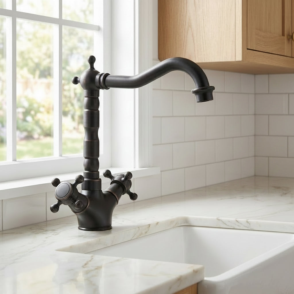 Lagomel single-hole two-handle kitchen faucet, set in a Traditional/Classic/Vintage/Retro kitchen