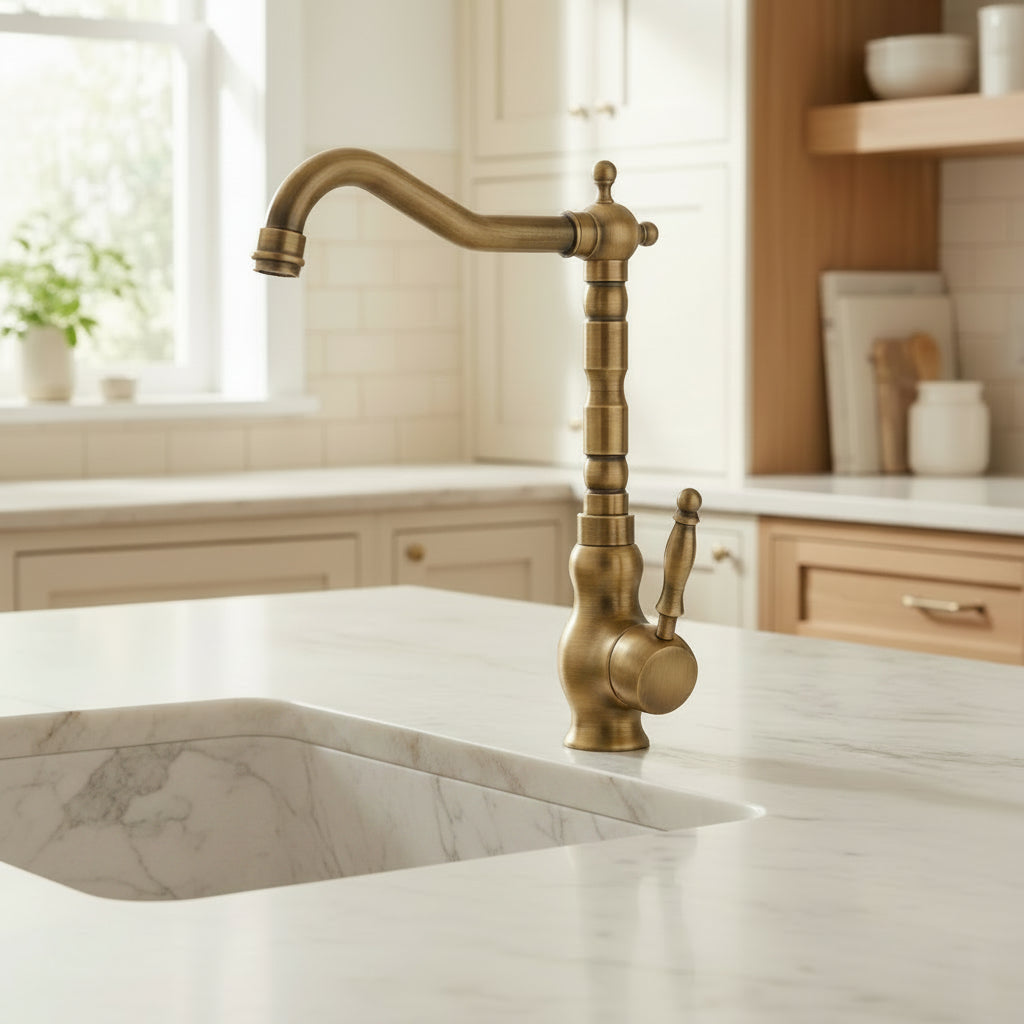 Lagomel single-handle kitchen faucet in antique brass, set in a Modern/Contemporary kitchen