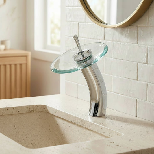 Lagomel single-hole waterfall vessel sink faucet in chrome, set in a Contemporary bathroom