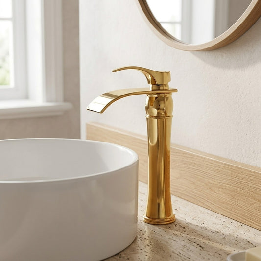 Lagomel waterfall single-handle vessel sink faucet in polished gold, set in a Contemporary bathroom