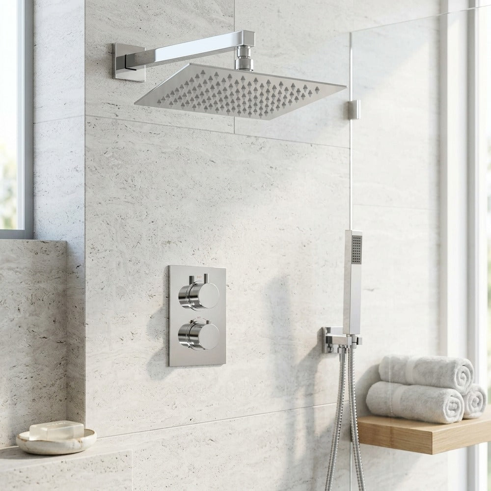Lagomel wall-mounted complete shower system in chrome, set in a Contemporary bathroom