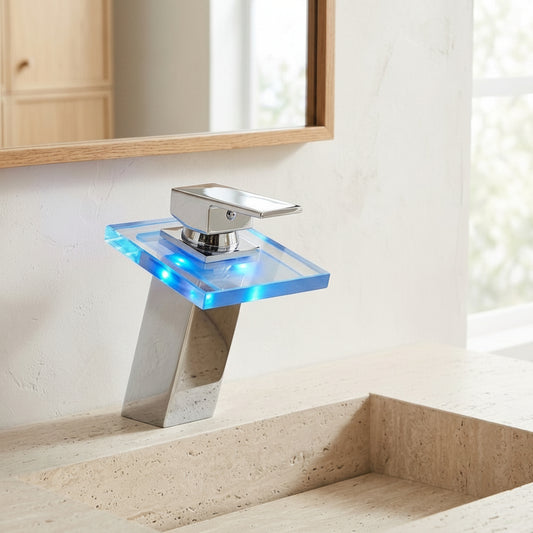 Lagomel waterfall single-hole bathroom faucet in chrome, set in a Modern/Contemporary bathroom