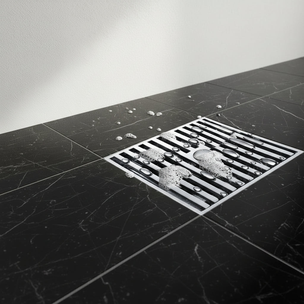 Lagomel square floor drain in chrome, set in a Contemporary bathroom