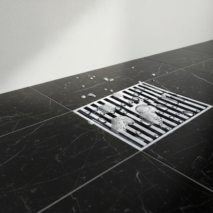 Lagomel square floor drain in chrome, set in a Contemporary bathroom