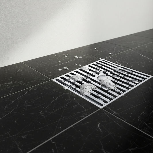 Lagomel square floor drain in chrome, set in a Contemporary bathroom