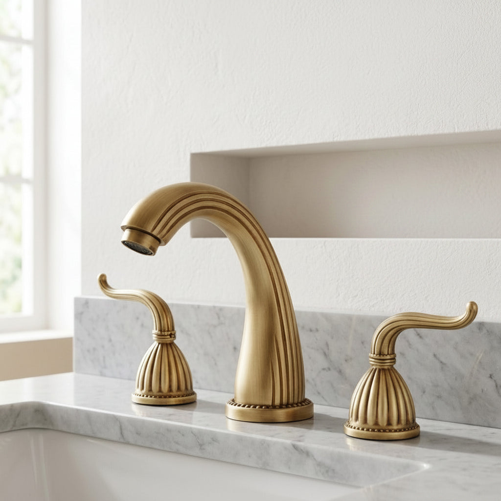 Lagomel widespread bathroom faucet in antique brass, matte black, set in a Traditional/Classic/Vintage/Retro bathroom