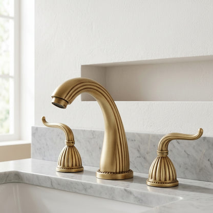 Lagomel widespread bathroom faucet in antique brass, matte black, set in a Traditional/Classic/Vintage/Retro bathroom