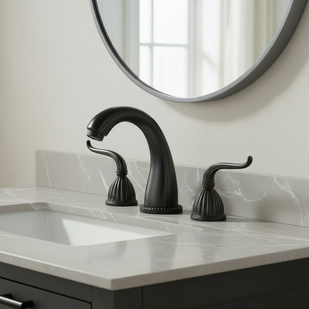 Lagomel widespread bathroom faucet, set in a Modern/Contemporary bathroom