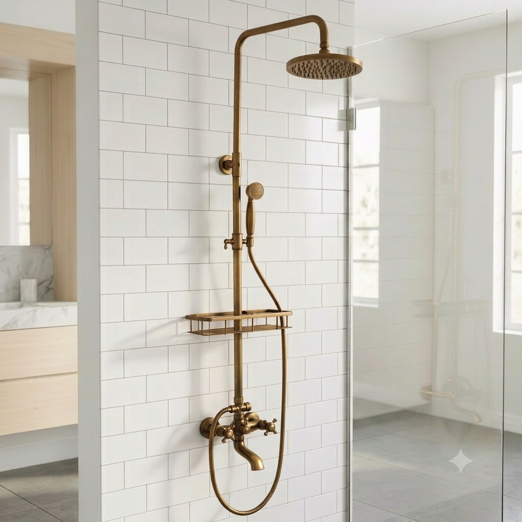 An antique brass shower fixture set mounted on a white subway tile wall in a modern bathroom, featuring a rain shower head, handheld wand, adjustable arm, built-in shelf, and dual-handle valve.