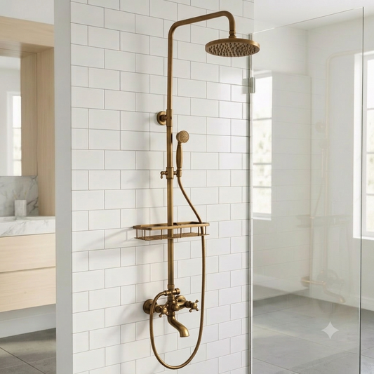 An antique brass shower fixture set mounted on a white subway tile wall in a modern bathroom, featuring a rain shower head, handheld wand, adjustable arm, built-in shelf, and dual-handle valve.