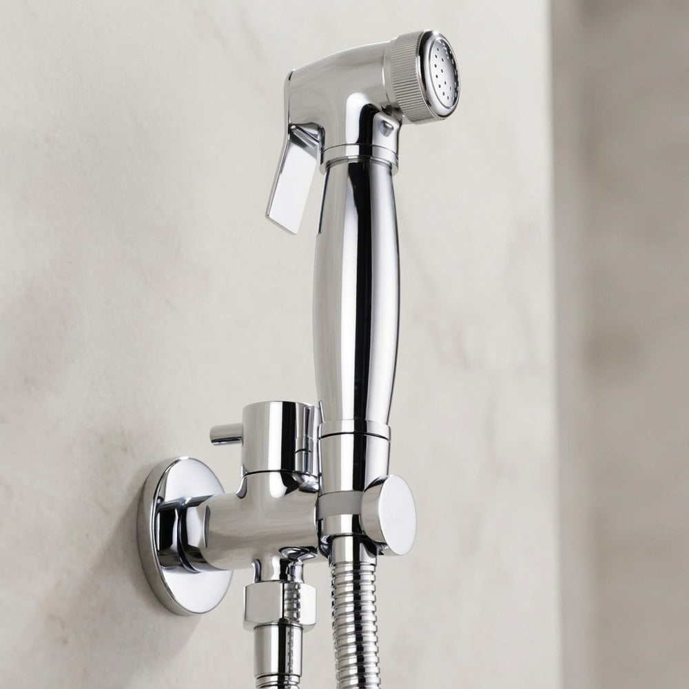 Lagomel wall-mounted single-handle bidet faucet in chrome, set in a Contemporary bathroom