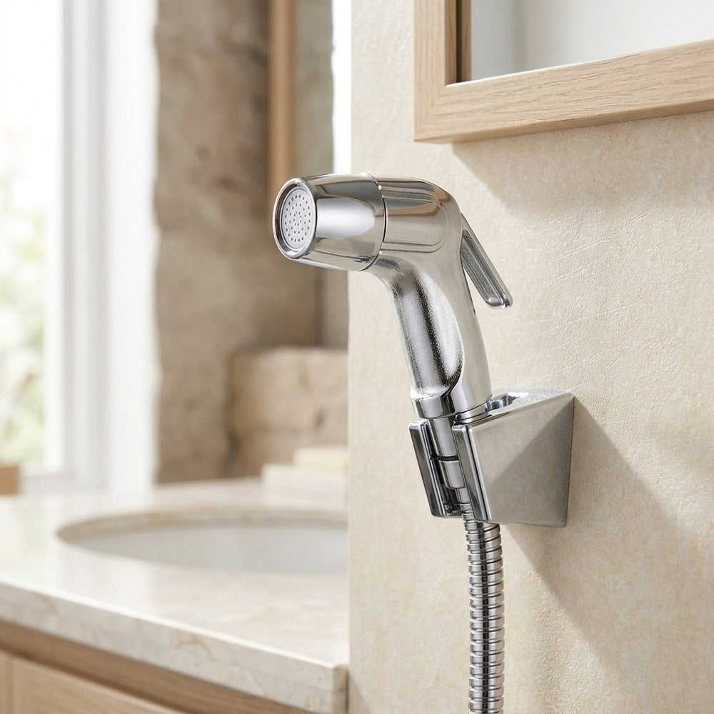 Lagomel wall-mounted single-handle bidet faucet in chrome, set in a Contemporary bathroom