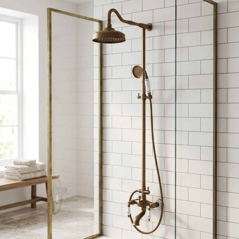Lagomel wall-mounted tub and shower system in oil-rubbed bronze, set in a Traditional/Classic bathroom