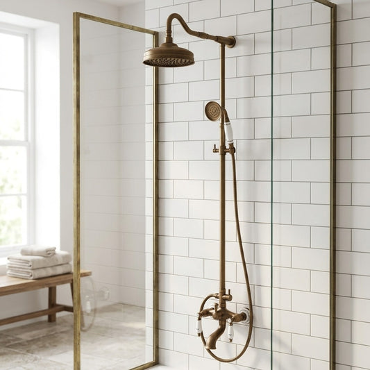 Lagomel wall-mounted tub and shower system in oil-rubbed bronze, set in a Traditional/Classic bathroom