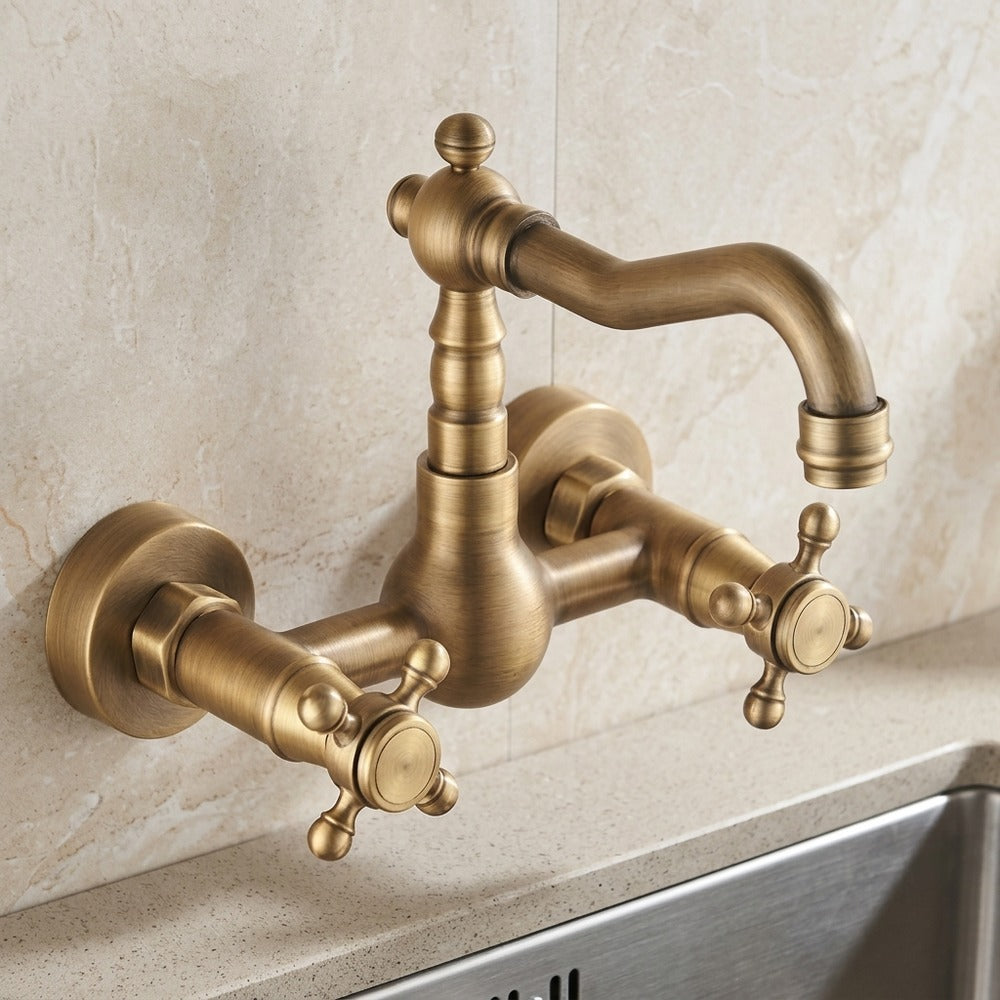 Antique Brass Wall-Mount Kitchen Faucet, Traditional Double Cross Handle Swivel Spout Faucet