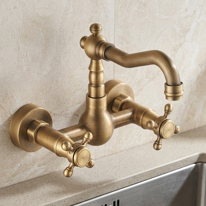 Antique Brass Wall-Mount Kitchen Faucet, Traditional Double Cross Handle Swivel Spout Faucet