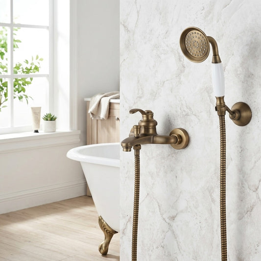 Lagomel single-handle wall-mount tub filler in antique brass, set in a Traditional/Classic/Vintage/Retro bathroom