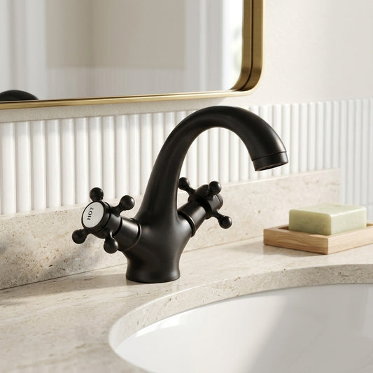 Lagomel double-handle single-hole bathroom faucet in oil-rubbed bronze, set in a Traditional/Classic bathroom