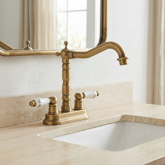 Lagomel double-handle centerset bathroom faucet in antique brass, set in a Traditional/Classic/Vintage/Retro bathroom