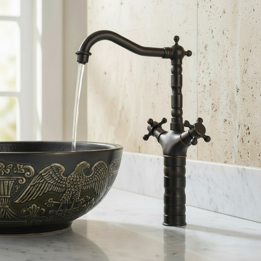 Lagomel single-hole vessel sink faucet in oil-rubbed bronze, set in a Traditional/Classic/Vintage/Retro bathroom