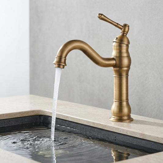 Lagomel single-hole single-handle vessel sink faucet in antique brass, oil-rubbed bronze, brushed nickel, chrome, set in a Traditional/Classic/Vintage/Retro bathroom