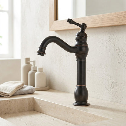 Lagomel single-hole single-handle vessel sink faucet, set in a Modern/Minimalist/Contemporary bathroom