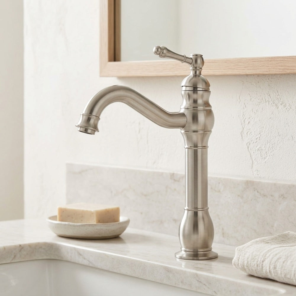 Lagomel single-hole single-handle vessel sink faucet, set in a Modern/Minimalist/Contemporary bathroom