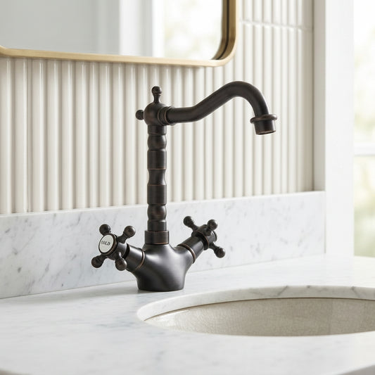 Lagomel double-handle single-hole bathroom faucet in oil-rubbed bronze, set in a Traditional/Classic bathroom