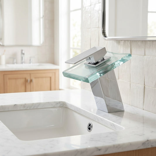 Lagomel waterfall single-hole bathroom faucet in chrome, set in a Modern/Contemporary bathroom