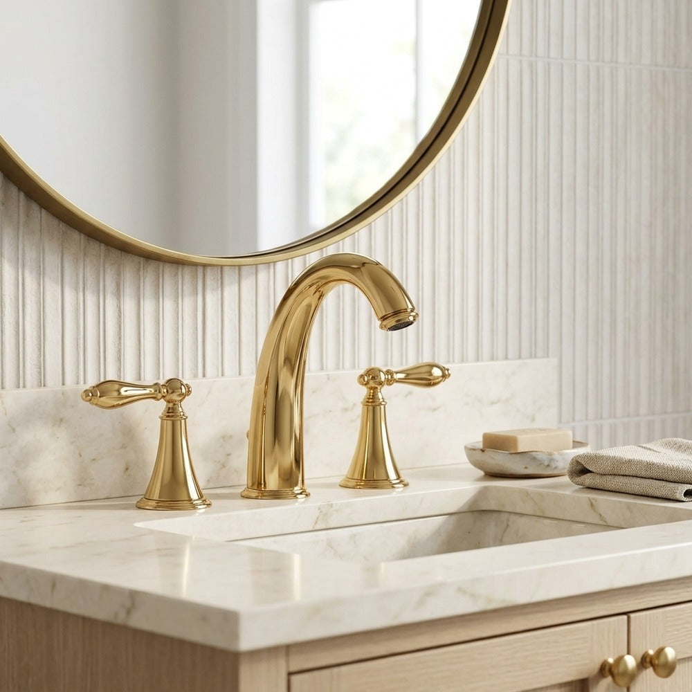 Lagomel widespread bathroom faucet in polished gold, set in a Modern/Contemporary bathroom