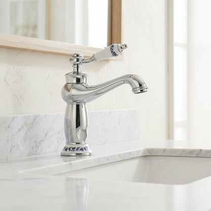 Lagomel single-hole bathroom faucet in antique brass, chrome, polished gold, matte black, set in a Vintage/Retro bathroom