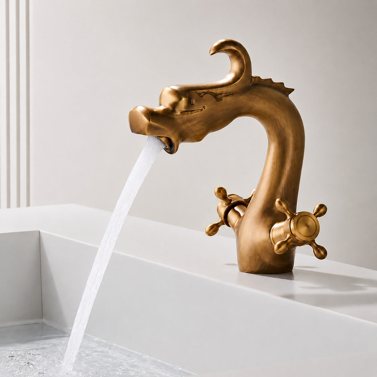 Vintage Antique Brass Dragon Bathroom Faucet, Single-Hole Solid Brass Faucet with Dual Cross Handles