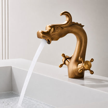Vintage Antique Brass Dragon Bathroom Faucet, Single-Hole Solid Brass Faucet with Dual Cross Handles