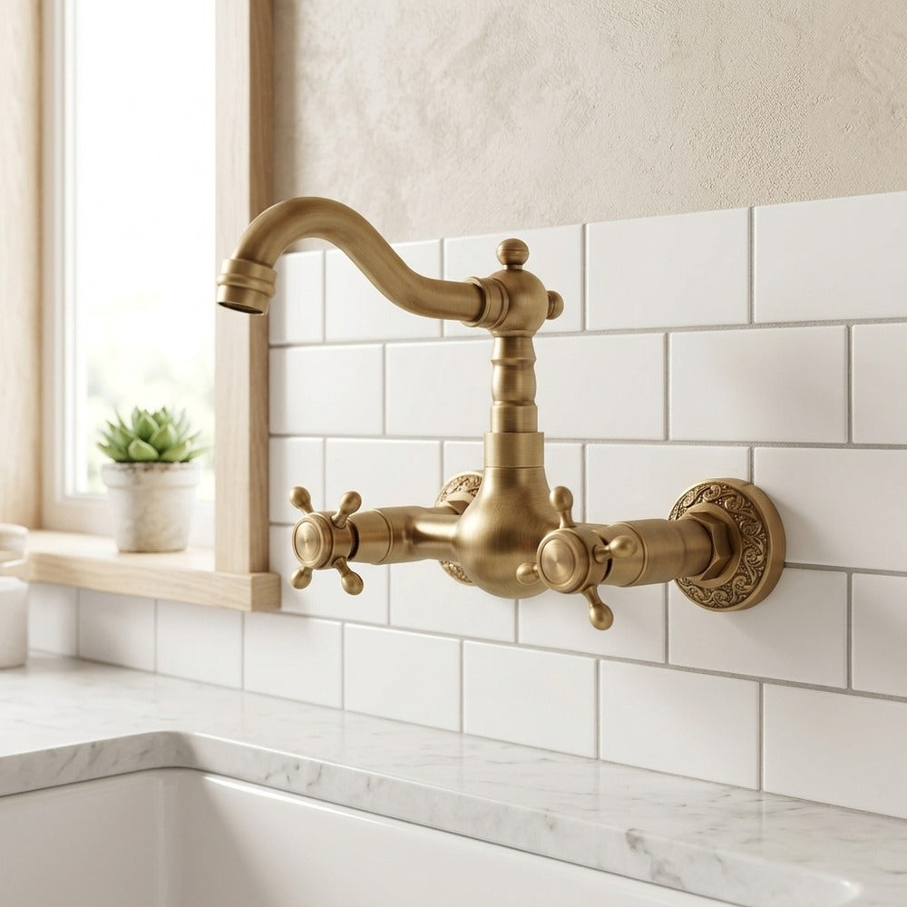 Lagomel wall-mount kitchen faucet in antique brass, set in a Traditional/Classic kitchen