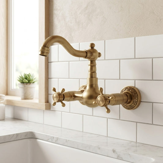 Lagomel wall-mount kitchen faucet in antique brass, set in a Traditional/Classic kitchen