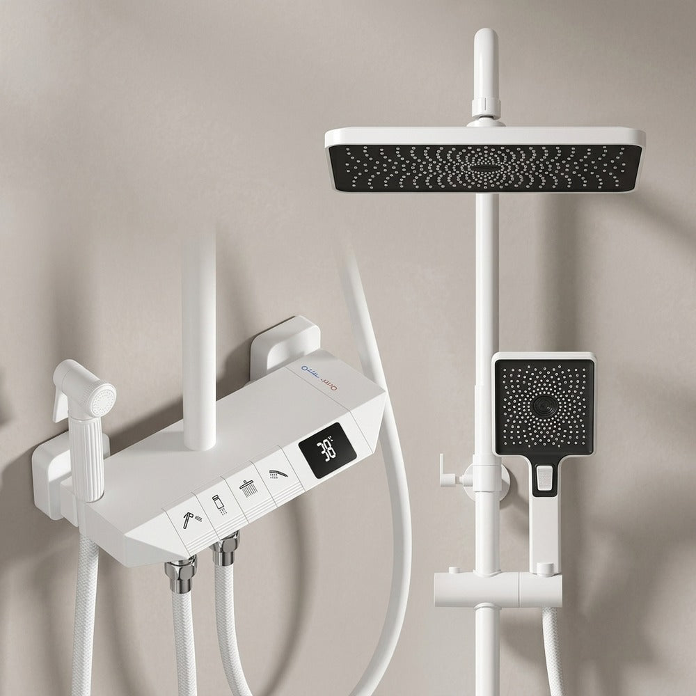 Digital Display Waterfall Rainfall Brass Shower Faucet Set, Wall-Mounted Complete Tub & Shower System, Matte Black / Matte White / Gunmetal