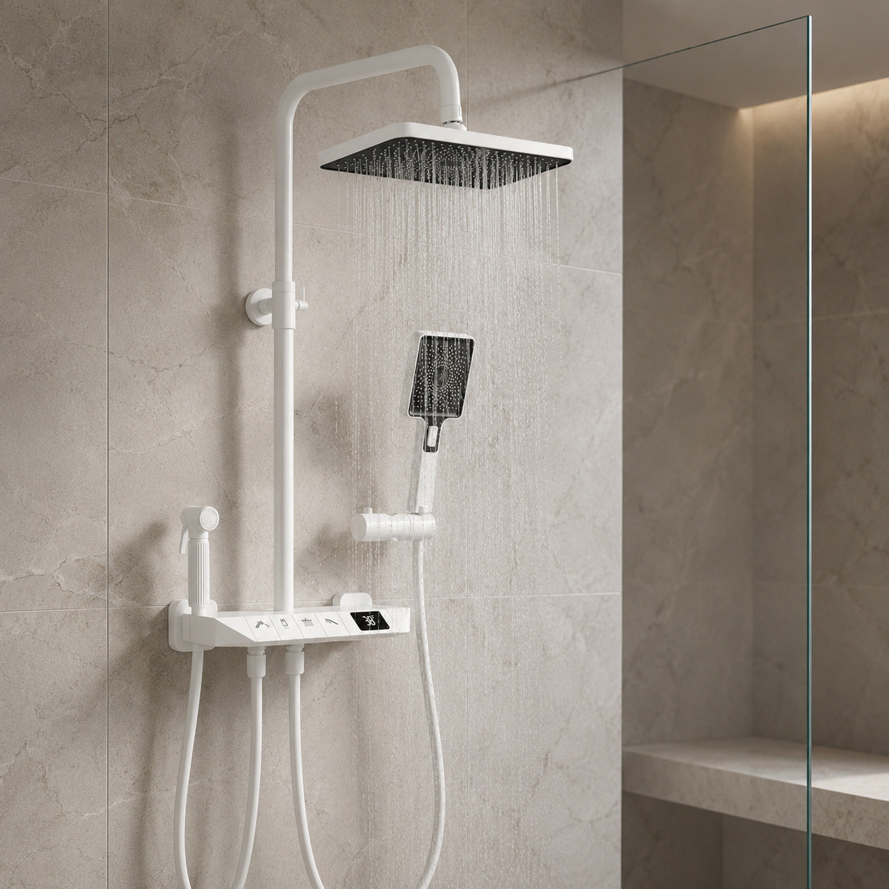 Lagomel wall-mounted waterfall tub and shower system in matte black, matte white, gunmetal, set in a Modern/Contemporary bathroom