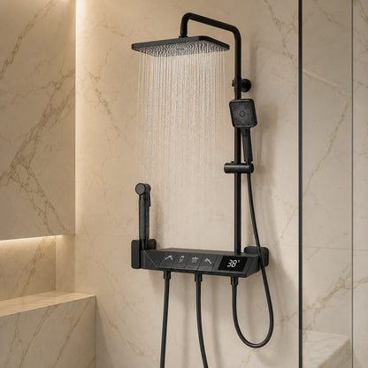 Lagomel wall-mounted waterfall tub and shower system, set in a Contemporary bathroom