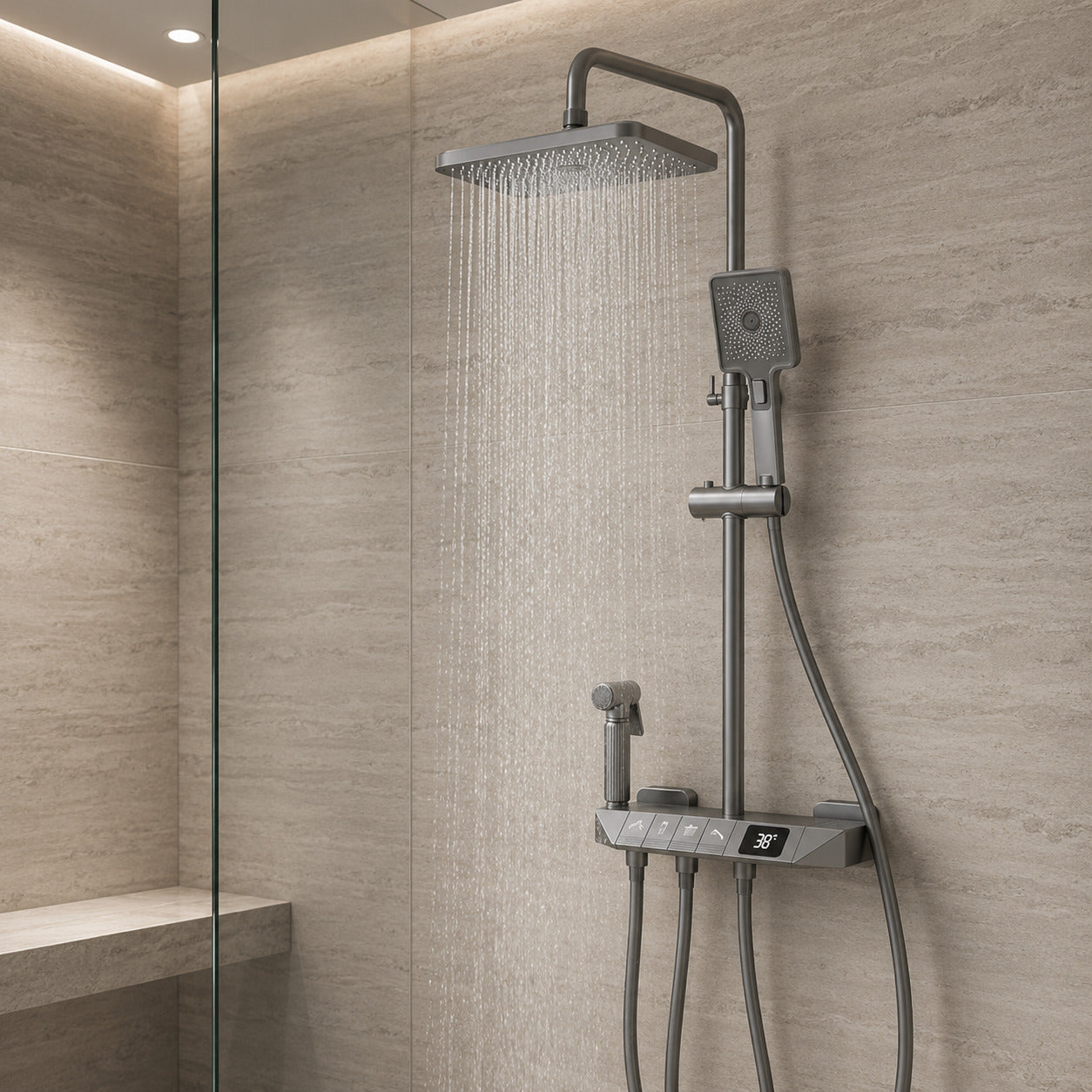 Lagomel wall-mounted waterfall tub and shower system, set in a Contemporary bathroom