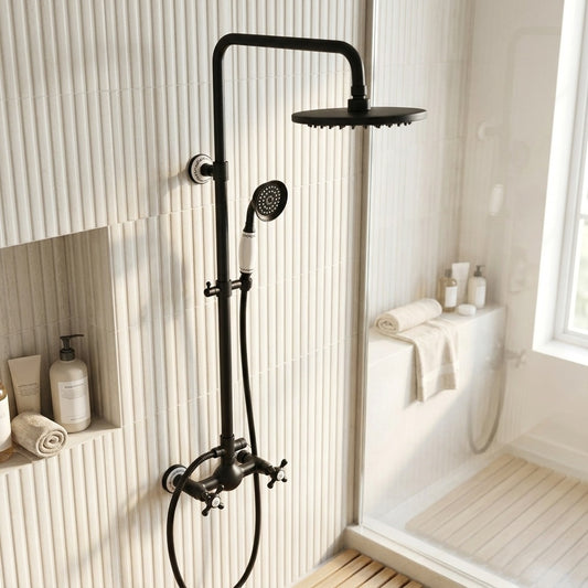 Lagomel wall-mounted complete shower system in oil-rubbed bronze, set in a Traditional/Classic bathroom