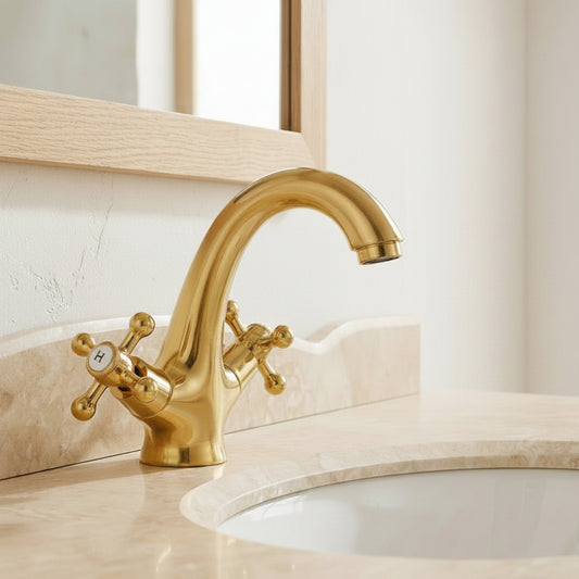 Lagomel single-hole bathroom faucet in polished gold, set in a Traditional/Classic/Vintage/Retro bathroom