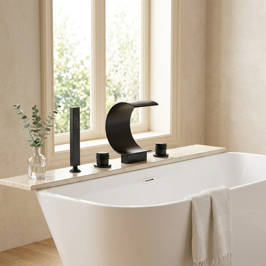 Lagomel waterfall deck-mount tub filler in matte black, chrome, set in a Modern/Contemporary bathroom