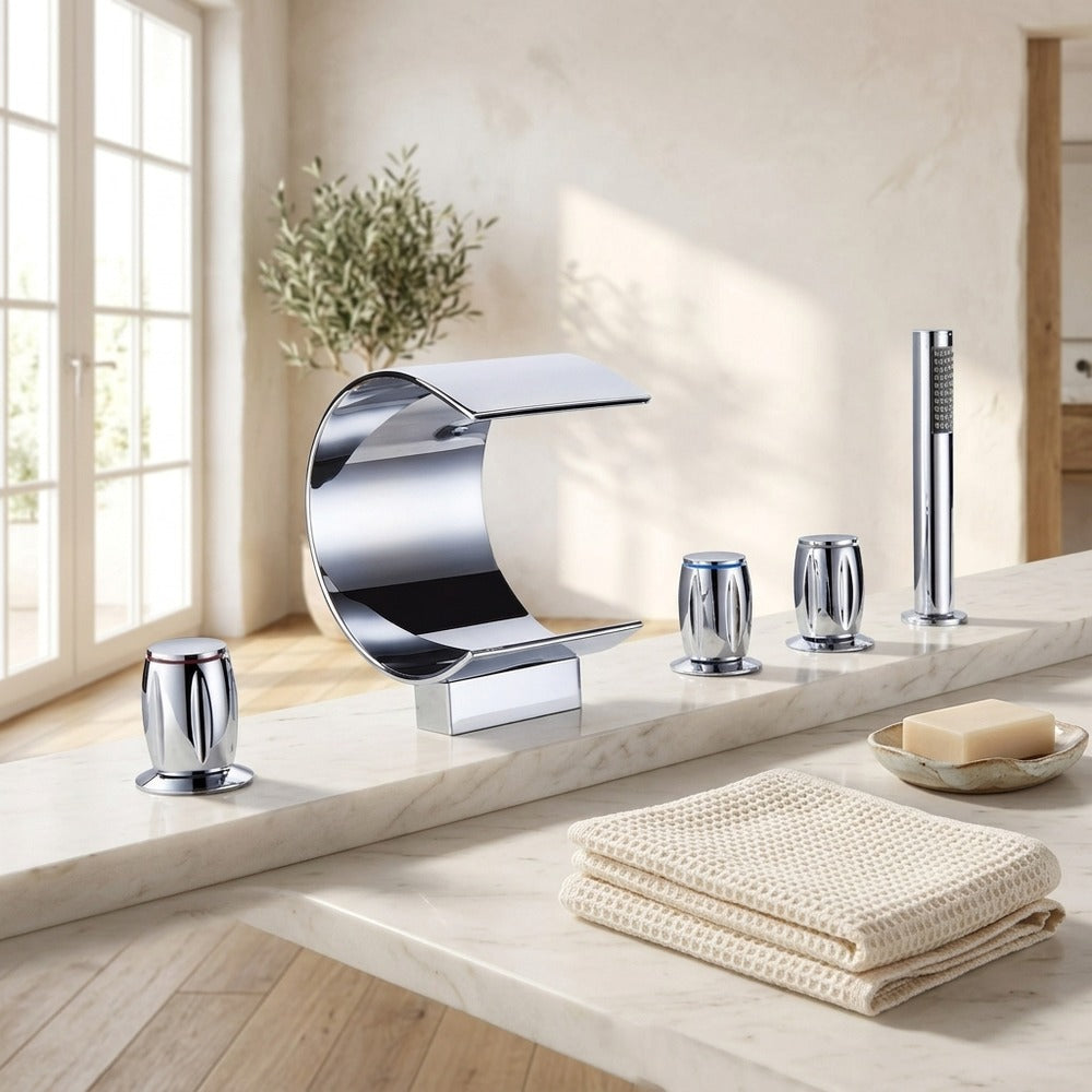 Lagomel waterfall deck-mount tub filler, set in a Modern/Contemporary bathroom