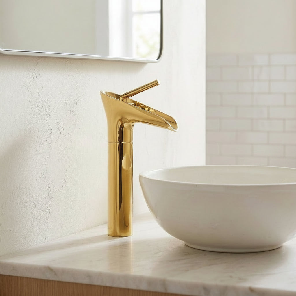 Lagomel single-hole waterfall vessel sink faucet, set in a Modern/Contemporary bathroom