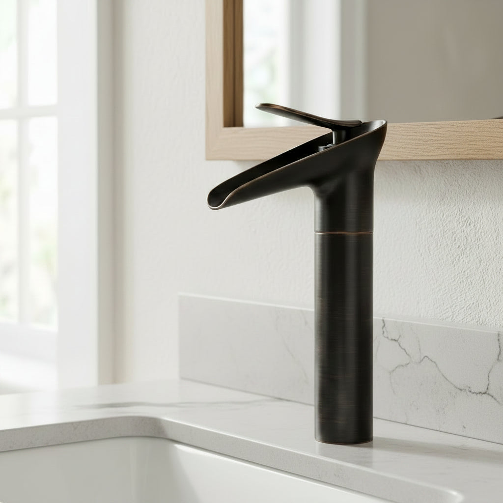 Lagomel single-hole waterfall vessel sink faucet, set in a Modern/Contemporary bathroom
