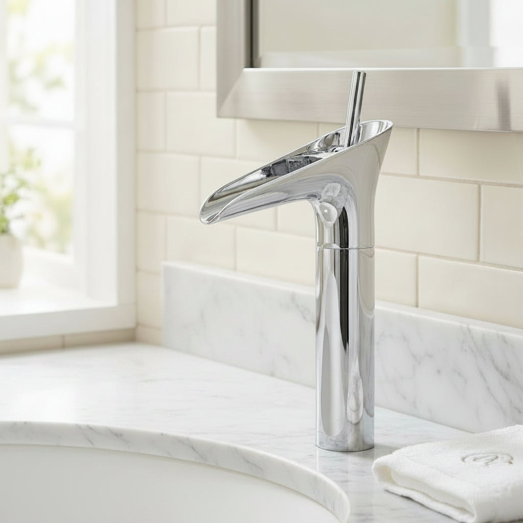 Lagomel single-hole waterfall vessel sink faucet, set in a Modern/Contemporary bathroom