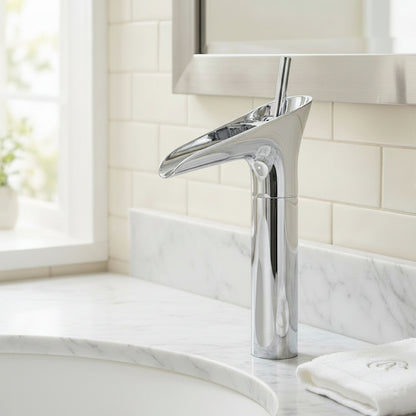 Lagomel single-hole waterfall vessel sink faucet, set in a Modern/Contemporary bathroom